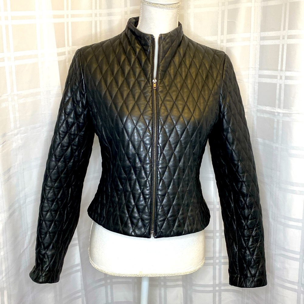 Jones New York Form Fitting Quilted Black Soft Leather Petite Jacket Size 6P